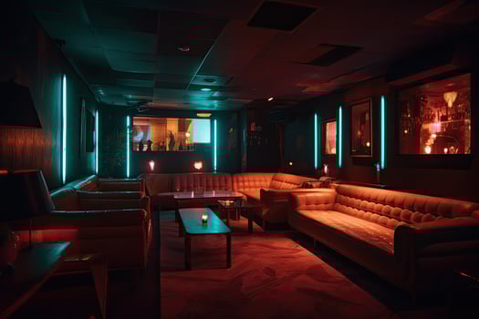 Interior of a night club with bright red and blue lights. A decorated night club with stylish couches and colorful cocktail tables, photo