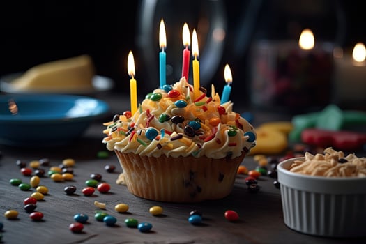 Birthday cupcake with candles and colorful candies on wooden table, delicious birthday cupcake on a table with so many colorful sprinkles, photo