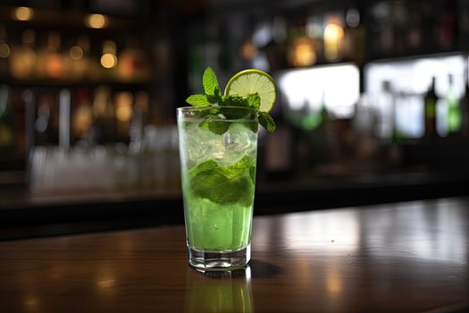 Mojito cocktail in a glass with lime and mint on the bar counter, delicious mojito drink on the bar counter in a beachfront setting, garnished with fresh mint leaves and a slice of lime, photo