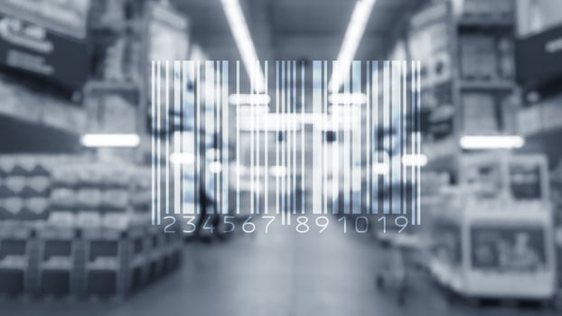 Barcode Mark Market Item Concept on blurred shop background. photo