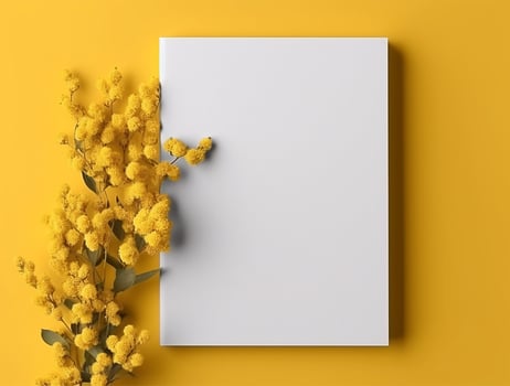 Blank paper with tropical leaves and flowers. Flat lay, top view, copy space photo