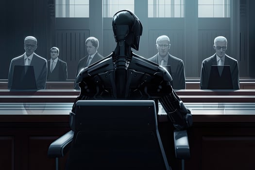 Humanoid robots sitting in a courtroom or law enforcement office. 3D rendering, A futuristic AI robot judge in a courthouse, photo