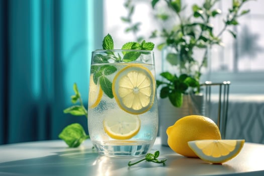 Glass of water with lemon and mint. Refreshment drink. photo