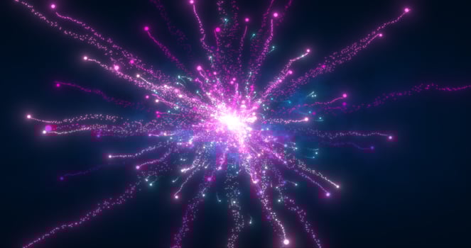 Abstract glowing energy explosion whirlwind firework from purple lines and magic particles abstract background photo