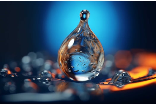 Blue water drops on a black surface generated with AI photo