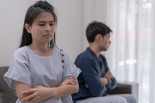 Divorce. Asian couples are desperate and disappointed after marriage. Husband and wife are sad, upset and frustrated after quarrels. distrust, love problems, betrayals. family problem, teenage love photo
