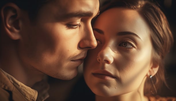 A young couple in love, embracing outdoors, smiling and kissing generated by AI photo