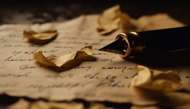 Antique parchment manuscript inspires wisdom and creativity in learning literature generated by AI photo