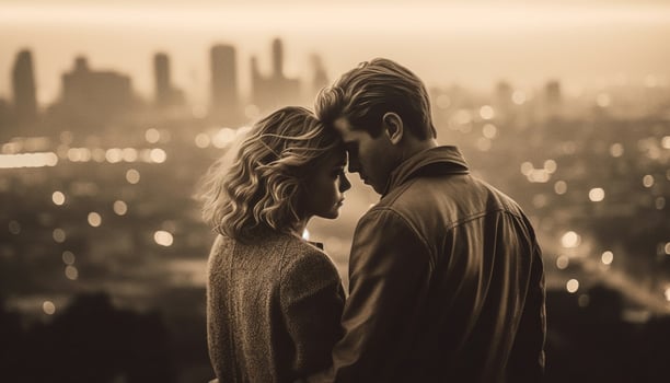 A young couple embracing, kissing at sunset in the city generated by AI photo