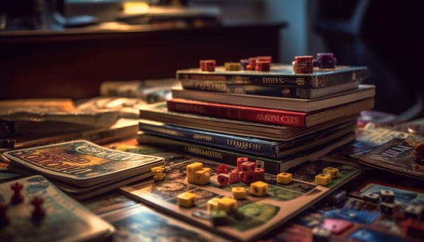A variety of old books, souvenirs, and decorations adorn shelves generated by AI photo