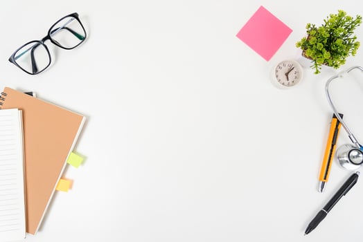 white office desk table Top view with copy space. Flat lay. photo
