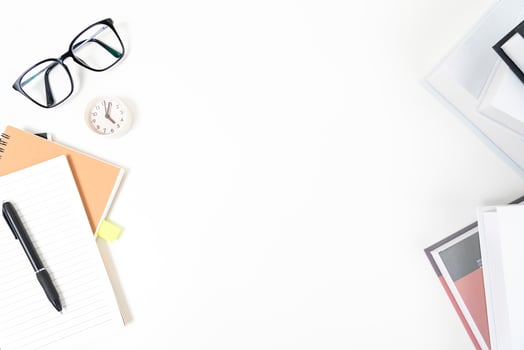 white office desk table Top view with copy space. Flat lay. photo