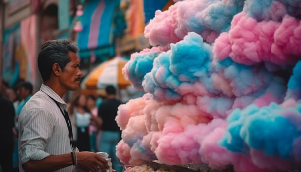 In the crowded market, a smiling vendor sells traditional food generated by AI photo