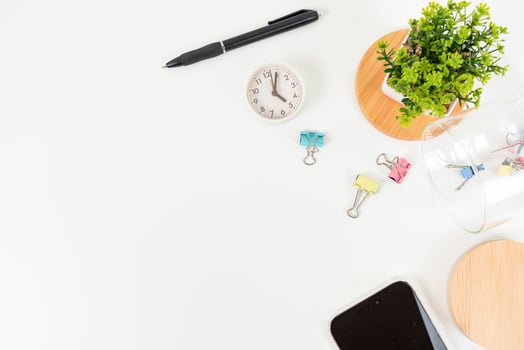 white office desk table Top view with copy space. Flat lay. photo