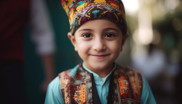 Confident young Indian boy in traditional clothing smiles outdoors joyfully generated by AI photo