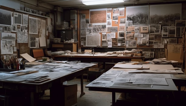 Inside the small business studio, the expert carpenter sketches plans generated by AI photo