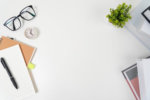 white office desk table Top view with copy space. Flat lay. photo