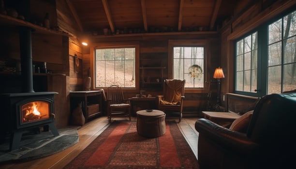 Comfortable armchair and elegant sofa illuminate rustic winter cottage interior generated by AI photo