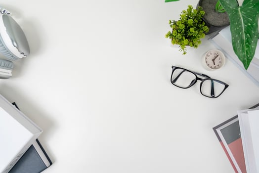 white office desk table Top view with copy space. Flat lay. photo