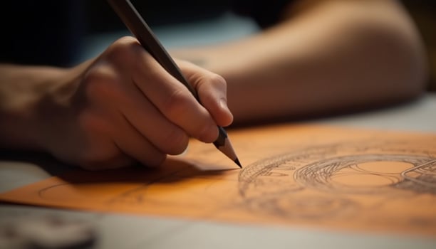 A young adult designer holding a pencil sketch in workshop generated by AI photo
