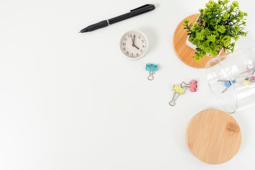 white office desk table Top view with copy space. Flat lay. photo
