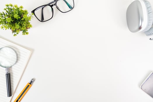 white office desk table Top view with copy space. Flat lay. photo
