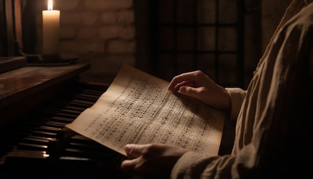 The pianist illuminated table held sheet music for classical music generated by AI photo