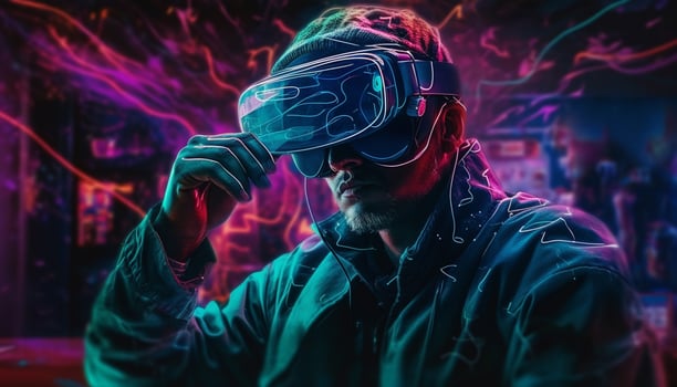 A futuristic businessman playing a digital game at night generated by AI photo