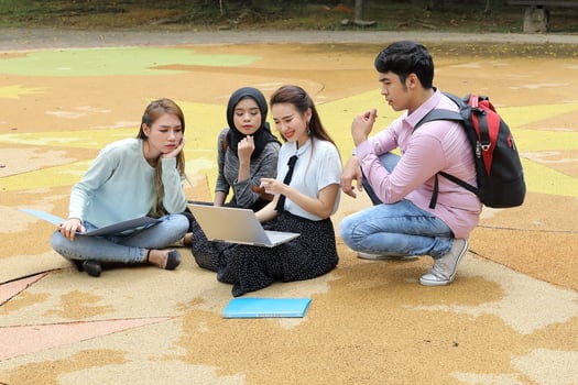 Young asian malay chinese man woman outdoor park  book file folder laptop computer phone sit stand study mingle photo