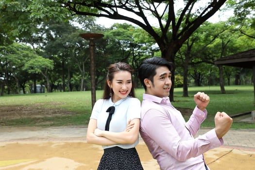 Young asian malay chinese man woman outdoor park  book file folder laptop computer phone sit stand study mingle photo