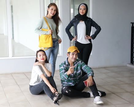 Young asian malay chinese man woman indoor stair corridor campus book file folder laptop computer phone sit stand study mingle happy smile joy photo