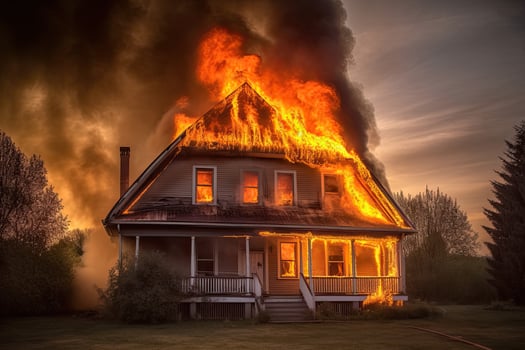 Burning house in the village. Fire in the house, burning house, A house is on fire, photo