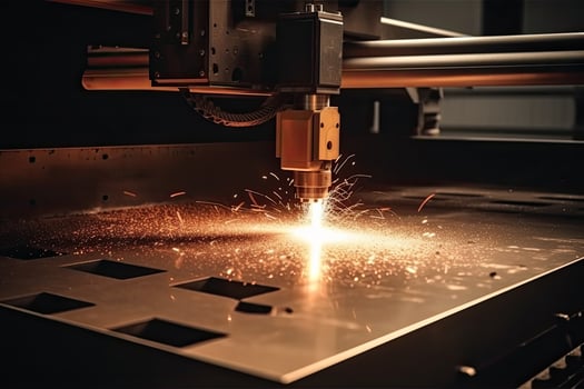 The fiber laser cutting machine cutting the sheet metal with the sparking light. laser CNC machine cutting off a metal plate in a manufacturing facility, with sparks flying, photo