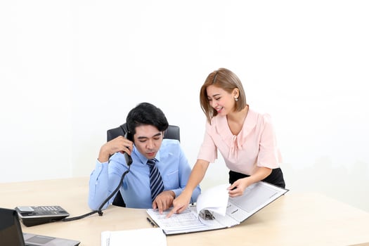 Asian young man woman malay chinese office confident happy sit stand phone talk show see document file folder photo