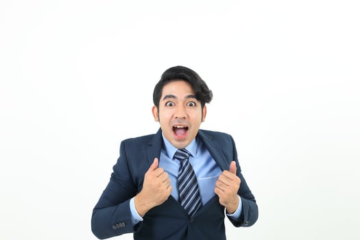 South east Asian Malay Man facial expression happy exited smile mouth open look forward at camera photo