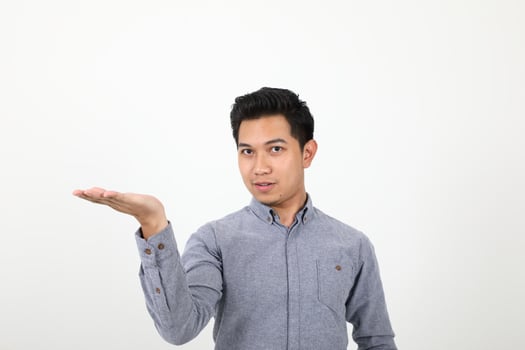 South east Asian Malay Man facial expression show point palm of hand photo