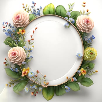 Floral round frame of wild pink flowers, photo