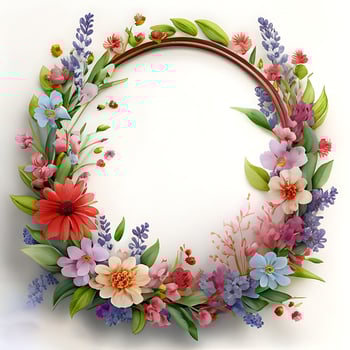 Floral round frame of wild pink flowers, photo