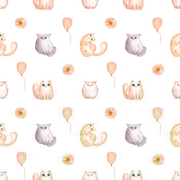Handdrawn watercolor cats seamless pattern for children's textile. Isolated on white. Album, poster, textile, fabric. photo