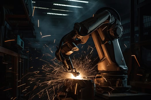 Industrial robot welding metal in factory. Industrial robot working in factory, A robot hand welding in a factory joins metal components together, sparks flying, photo