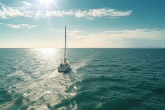 Sailboat in the sea. Beautiful seascape. 3d rendering, A small yacht gracefully sailing on the tranquil waters of a beautiful ocean on a sunny day, photo
