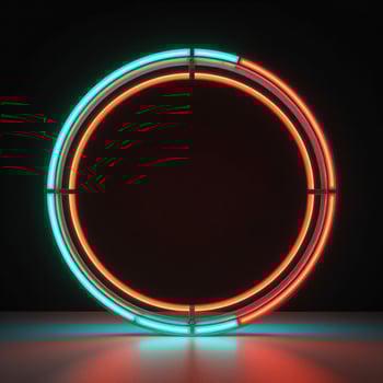 Neon circle, in the style of matte background, minimalist stage designs, dark aquamarine and light amber. Illustration photo