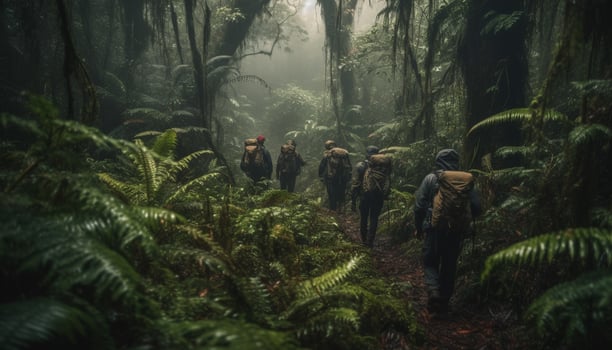 Group of backpackers hiking through tropical rainforest generated by AI photo