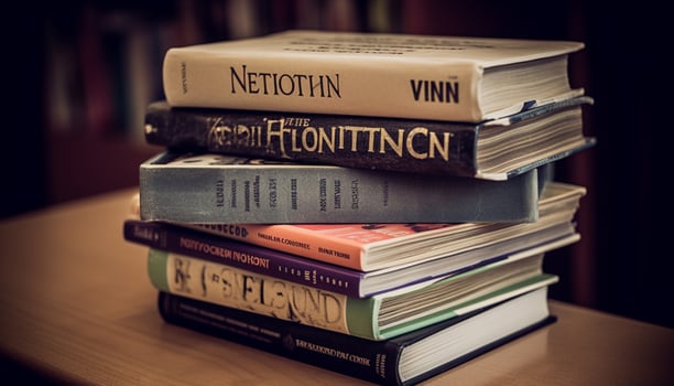 Stacks of old textbooks on library shelves generated by AI photo