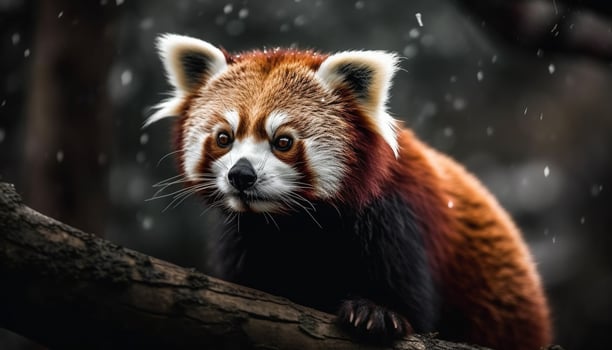 Cute red panda sitting on snowy branch generated by AI photo