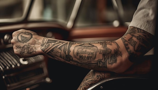 Tattooed musician playing guitar with cool confidence generated by AI photo