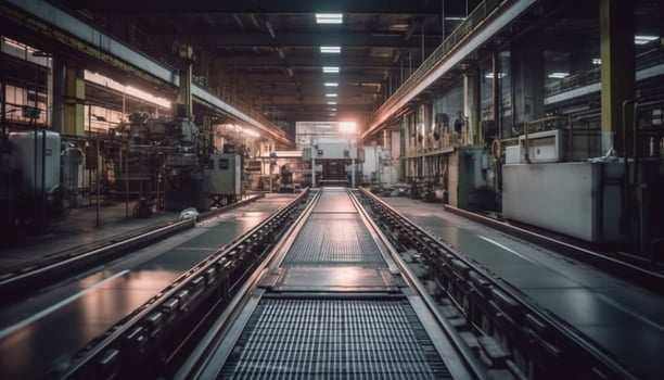 Modern metal industry workshop, illuminated with blue lighting generated by AI photo