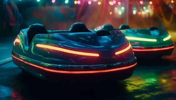 Glowing yacht speeds through multi colored waves generated by AI photo