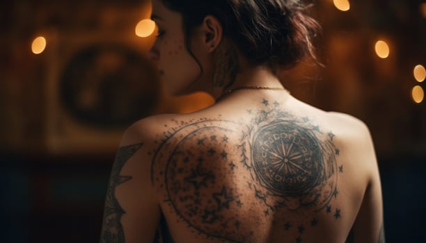 Naked young woman tattooing her shoulder outdoors generated by AI photo