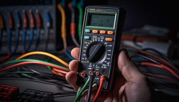Expert technician examining electrical equipment with multimeter generated by AI photo